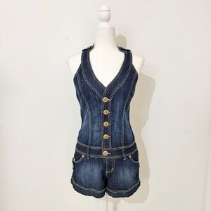 y2k xoxo jeans washed denim v neck button romper with lace-up back